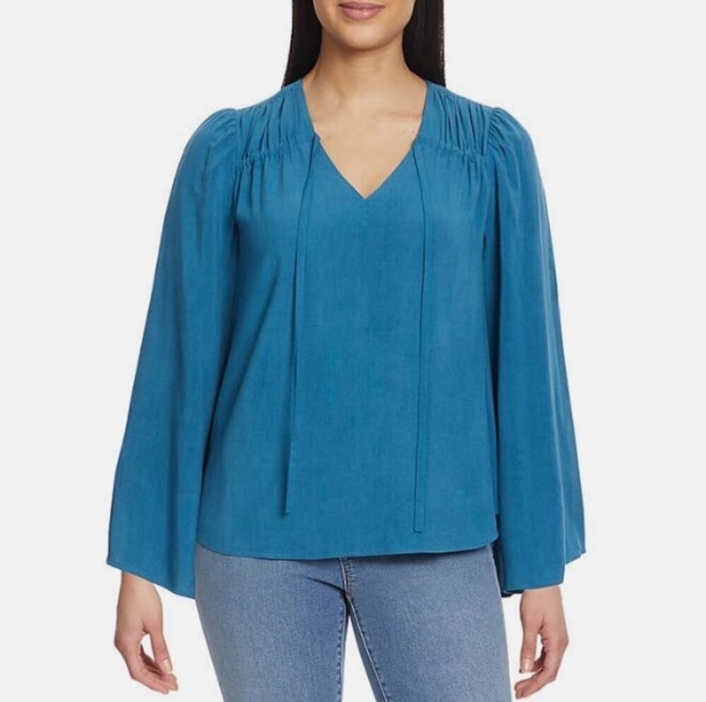 Jessica Simpson Leslie Boho Corsair Blue Blouse Medium VNeck Tunic Flowy Top
